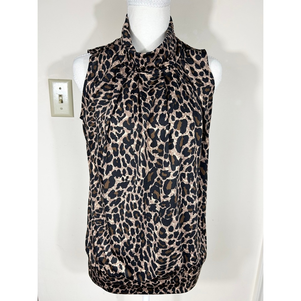 Per Seption‎ Concept Sleeveless Top Women M Leopard Print Pleated Edgy Office